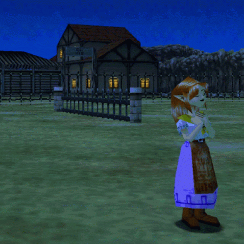 a video game character is standing in front of a house with a sign that says ' a ' on it