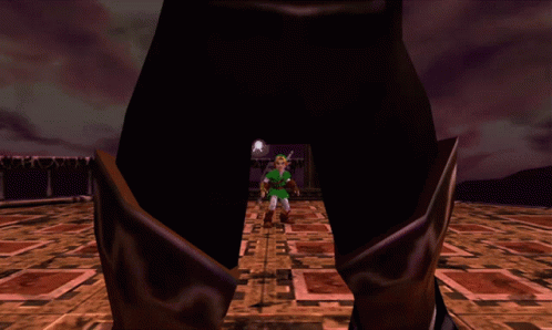 a video game character is standing in front of a pillar with a purple sky in the background