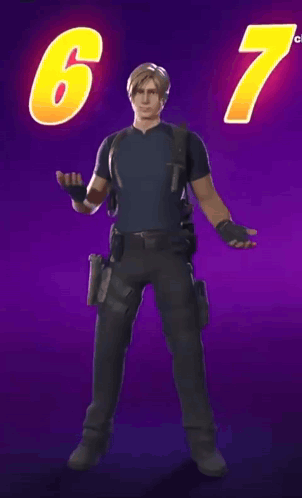 A Video Game Character Is Standing In Front Of A Purple Background With The Number 67 On It GIF