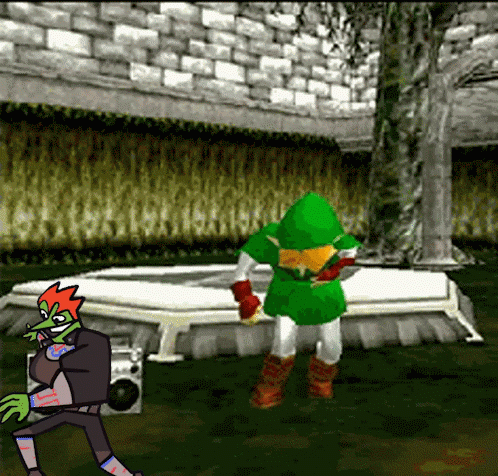 a video game character is standing in front of a speaker