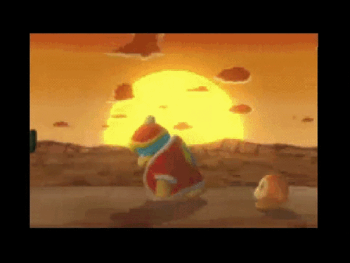 A Video Game Character Is Standing In Front Of A Sunset With A Yellow Sun In The Background . GIF