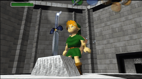 A Video Game Character Is Standing In Front Of A Sword And A Brick Wall GIF