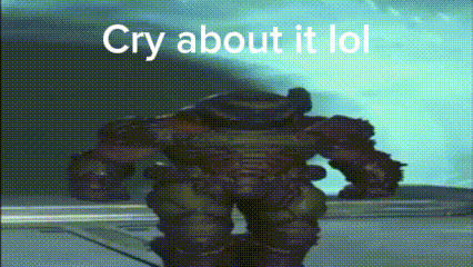 A Video Game Character Is Standing In Front Of A Wall With The Words `` Cry About It Lol '' . GIF