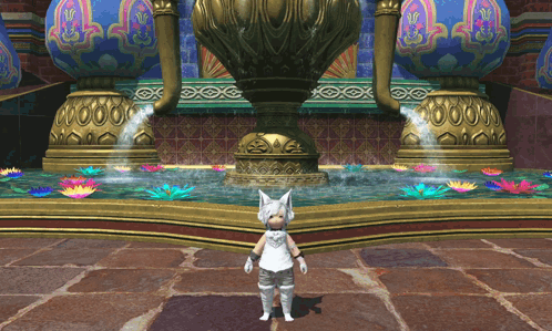A Video Game Character Is Standing In Front Of A Water Fountain GIF