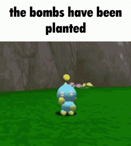 A Video Game Character Is Standing In The Grass With The Words The Bombs Have Been Planted Above It GIF