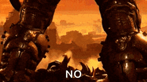 A Video Game Character Is Standing In The Middle Of A Battle With The Word No Written On The Bottom Of The Screen . GIF