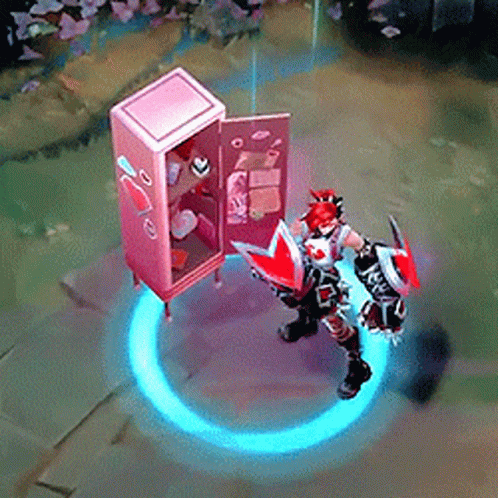 A Video Game Character Is Standing Next To A Pink Locker GIF