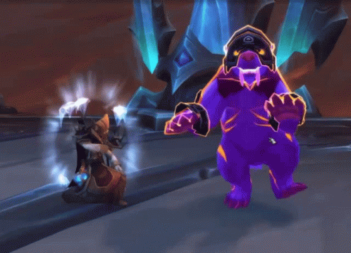 A Video Game Character Is Standing Next To A Purple Beast GIF