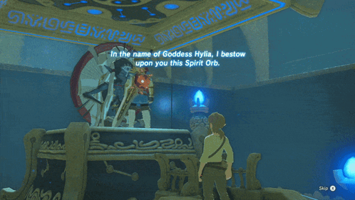 A Video Game Character Is Standing Next To A Statue With A Blue Light Shining On It GIF