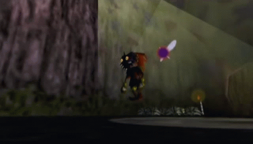 A Video Game Character Is Standing Next To A Tree With A Purple Flying Object In The Background GIF