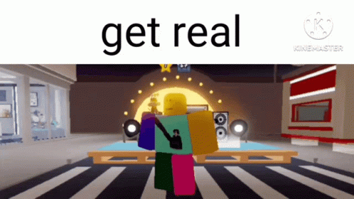 A Video Game Character Is Standing On A Stage And The Words Get Real Are Above Him GIF