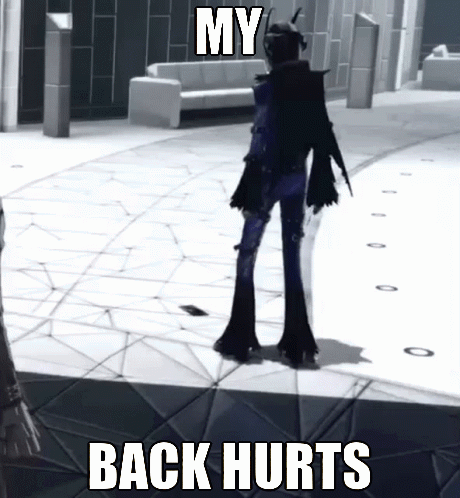 A Video Game Character Is Standing On A Tiled Floor With The Words My Back Hurts GIF