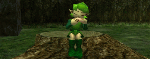 a video game character is standing on a tree stump