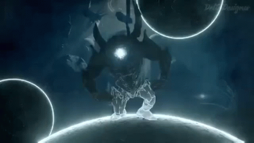 A Video Game Character Is Standing On Top Of A Planet Surrounded By Planets And Stars . GIF