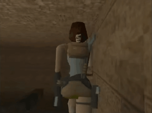 A Video Game Character Is Walking Down A Hallway With A Sword In Her Hand . GIF