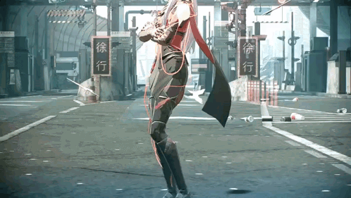 A Video Game Character Is Walking Down A Street With Chinese Characters On The Signs GIF