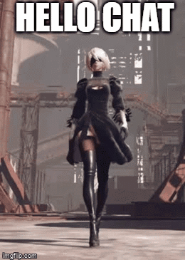 A Video Game Character Is Walking Down A Street With The Words `` Hello Chat '' Written On It . GIF