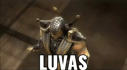 A Video Game Character Is Wearing A Mask And Holding A Sword And The Word Luvas Is Written Above Him . GIF