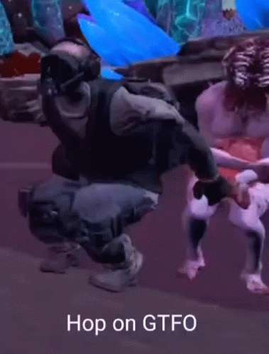 A Video Game Character Kneeling Down With The Words Hop On Gtfo Written On The Bottom GIF