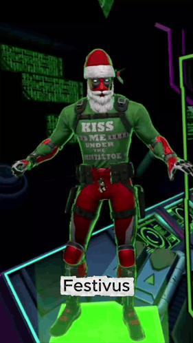 A Video Game Character Named Festivus Is Wearing A Green Shirt That Says Kiss Me Under Mistletoe GIF