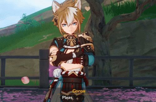 A Video Game Character Named Gorou Is Standing In Front Of A Fence GIF