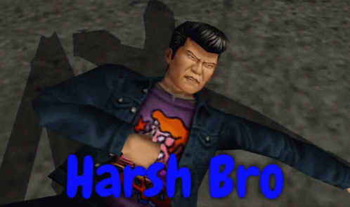 A Video Game Character Named Harsh Bro Is Wearing A Purple Shirt And A Blue Jacket GIF