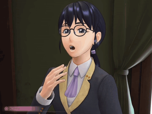 A Video Game Character Named Kaoru With Glasses And A Purple Tie GIF
