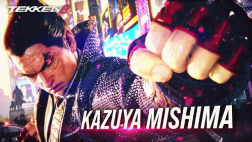A Video Game Character Named Kazuya Mishima With A Fist In The Air GIF