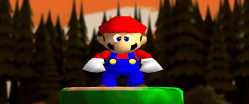 A Video Game Character Named Mario Is Standing On A Green Block With Trees In The Background GIF