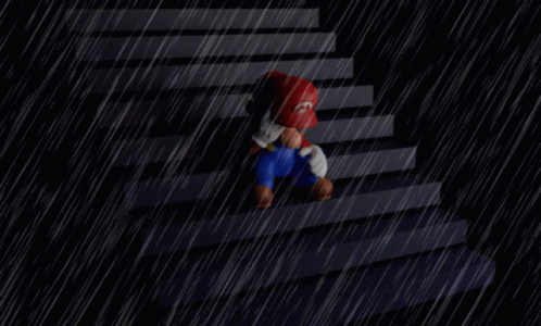 A Video Game Character Named Mario Is Walking Down Stairs In The Rain GIF