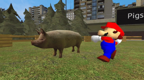 A Video Game Character Named Mario Standing Next To A Pig And A Sign That Says Pigs GIF