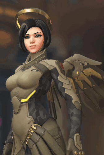 A Video Game Character Named Mercy Is Standing In A Dark Room GIF