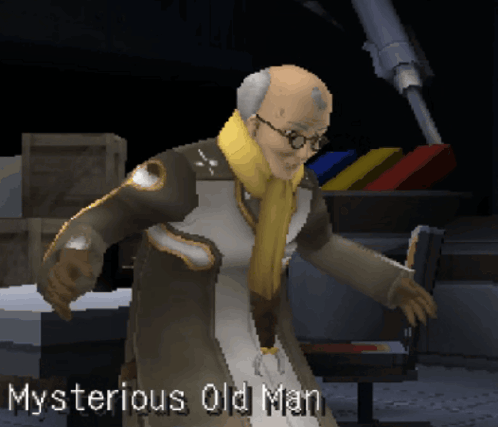A Video Game Character Named Mysterious Old Man Is Standing In A Dark Room GIF