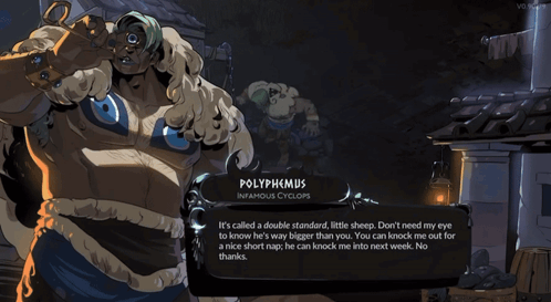 A Video Game Character Named Polyphemus Is Talking To Someone GIF
