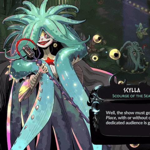 A Video Game Character Named Skylla Is Holding A Microphone In Her Hand GIF