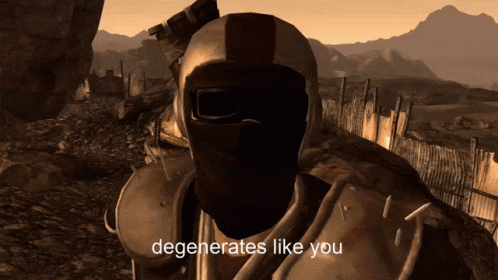 A Video Game Character Says " Degenerates Like You " In Front Of Mountains GIF