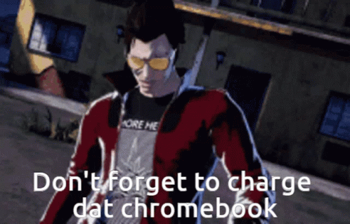 A Video Game Character Says " Don 'T Forget To Charge Dat Chromebook " In Front Of A Building GIF