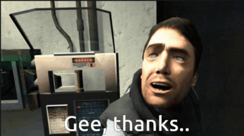 A Video Game Character Says Gee Thanks In Front Of A Danger Machine GIF