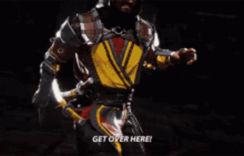 A Video Game Character Says " Get Over Here " While Holding A Sword GIF