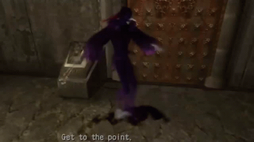 A Video Game Character Says Get To The Point In Purple GIF