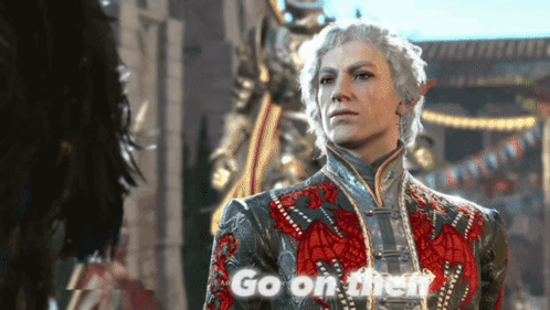 a video game character says " go on them " in front of a statue