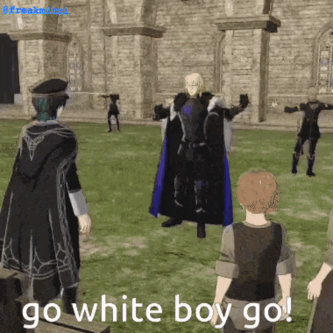 A Video Game Character Says Go White Boy Go While Standing In A Field GIF