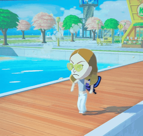 A Video Game Character Says Gosh Darn It While Standing Next To A Pool GIF