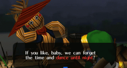 A Video Game Character Says " If You Like Baby We Can Forget The Time And Dance Until Night ! " GIF