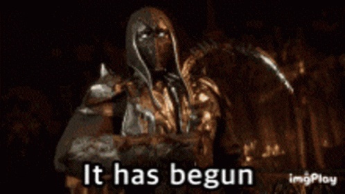 A Video Game Character Says It Has Begun In A Dark Background GIF