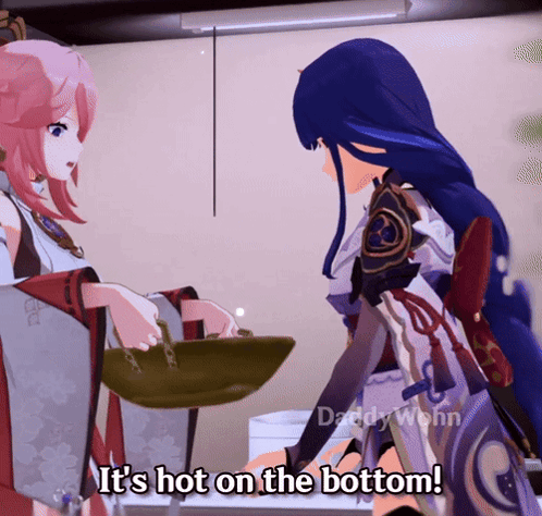 a video game character says " it 's hot on the bottom " while standing next to another character
