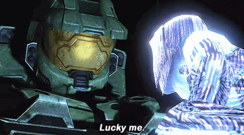 A Video Game Character Says " Lucky Me " In A Dark Room GIF