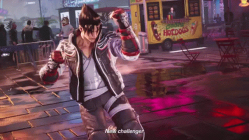 A Video Game Character Says " New Challenger " In Front Of A Hot Dog Truck . GIF