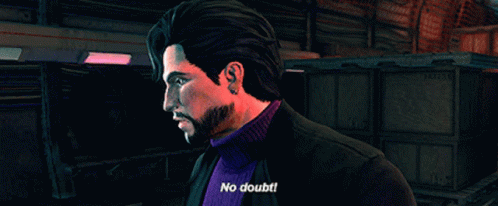 A Video Game Character Says No Doubt In A Dark Room GIF