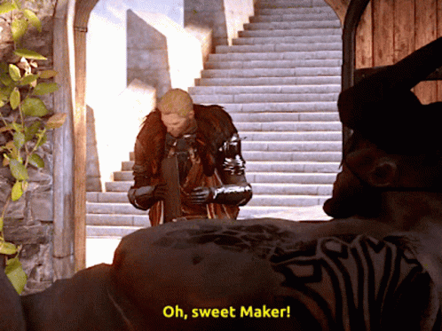 A Video Game Character Says Oh Sweet Maker In Front Of Stairs GIF
